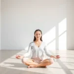Person sitting in meditation pose with peaceful expression in modern minimalist room with natural light, serene atmosphere, focused calm face, no visible text or screens