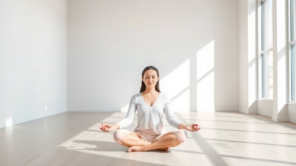 Person sitting in meditation pose with peaceful expression in modern minimalist room with natural light, serene atmosphere, focused calm face, no visible text or screens