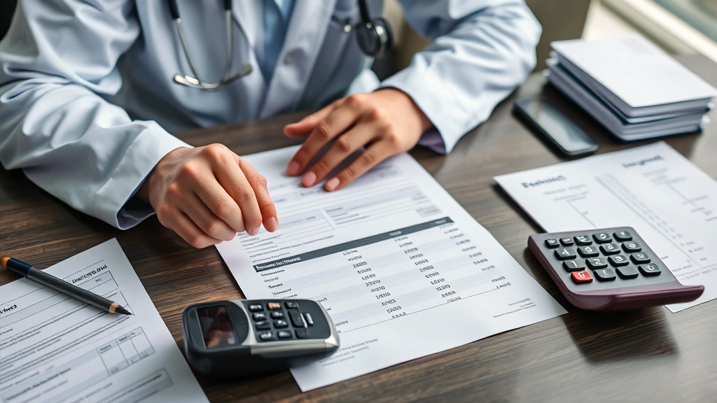 Healthcare professional reviewing insurance documents and medical bills at desk with calculator, organized paperwork showing cost breakdown and payment plans
