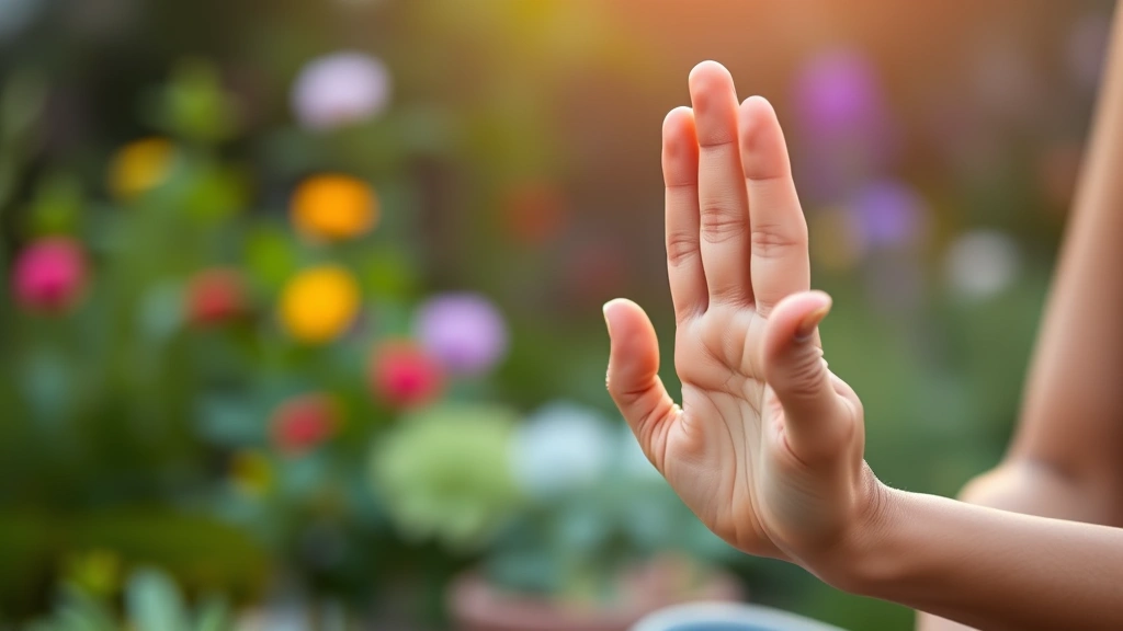 Close-up of hands in meditation mudra position with soft blurred garden background, peaceful natural setting, warm lighting, zen aesthetic, no text elements visible