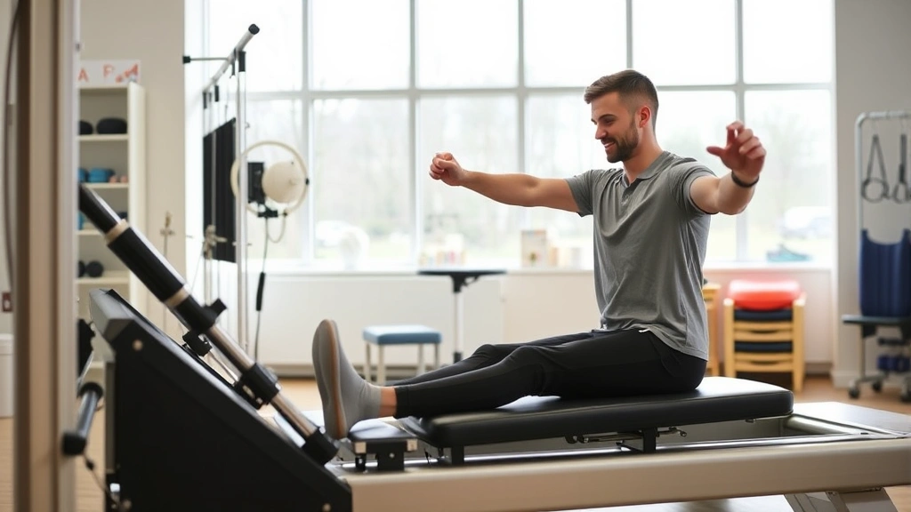 Patient exercising on modern rehabilitation equipment in bright physical therapy clinic with large windows, various therapy tools visible in background