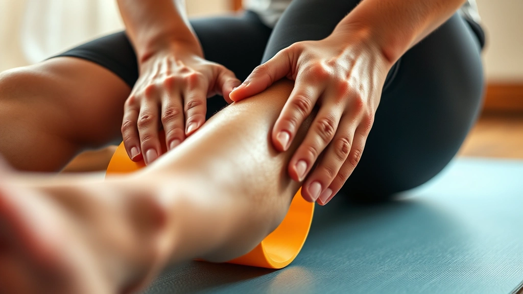 Close-up of hands using foam roller on leg with focused expression, warm lighting, mindful movement practice, therapeutic setting with yoga mat visible