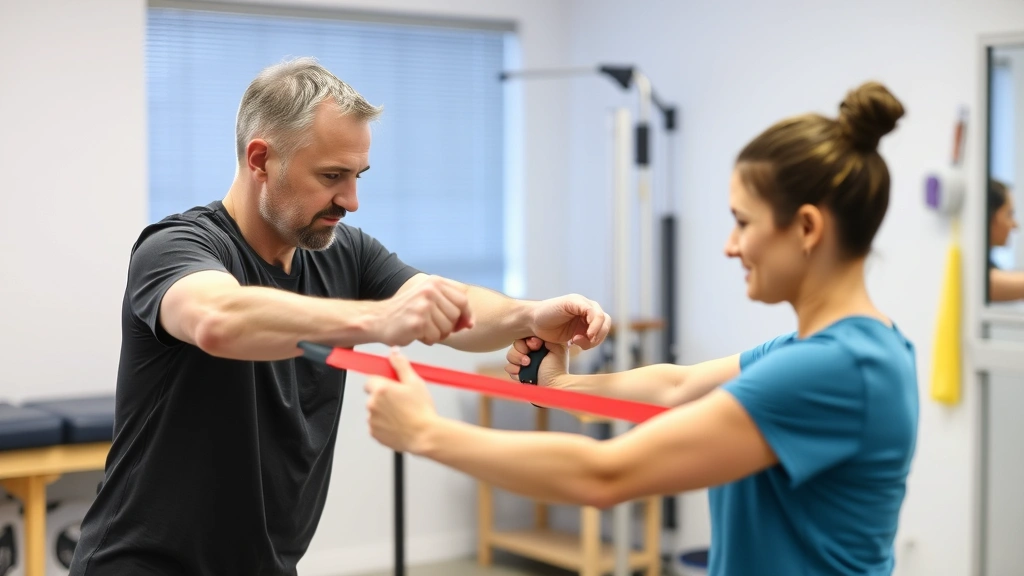 Physical therapist guiding patient using resistance band with attentive posture, clinical rehabilitation environment, proper form demonstration, mindful therapeutic engagement