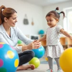 A pediatric physical therapist working with a young child on balance exercises using colorful therapy balls and equipment in a bright, welcoming clinic environment with natural lighting