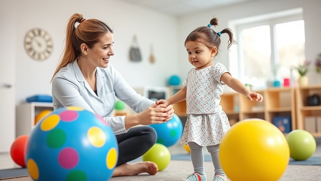 A pediatric physical therapist working with a young child on balance exercises using colorful therapy balls and equipment in a bright, welcoming clinic environment with natural lighting
