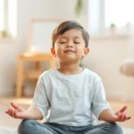 Child sitting peacefully in a bright, calm therapy room with soft natural light streaming through windows, eyes gently closed in meditation pose, wearing comfortable clothing, therapeutic equipment visible but softly blurred in background