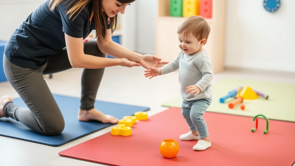 Child performing gross motor activities with a physical therapist, practicing walking and coordination skills on therapy mats with various tactile and colorful equipment