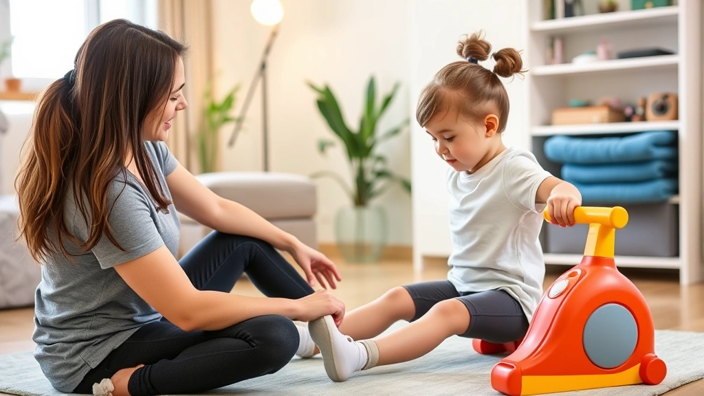 Family-centered physical therapy session showing parent actively involved in child's treatment, practicing home exercises together in a comfortable home setting with therapeutic equipment