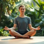 Person sitting in peaceful meditation pose with feet visible, soft natural lighting, serene expression, botanical background, photorealistic wellness imagery
