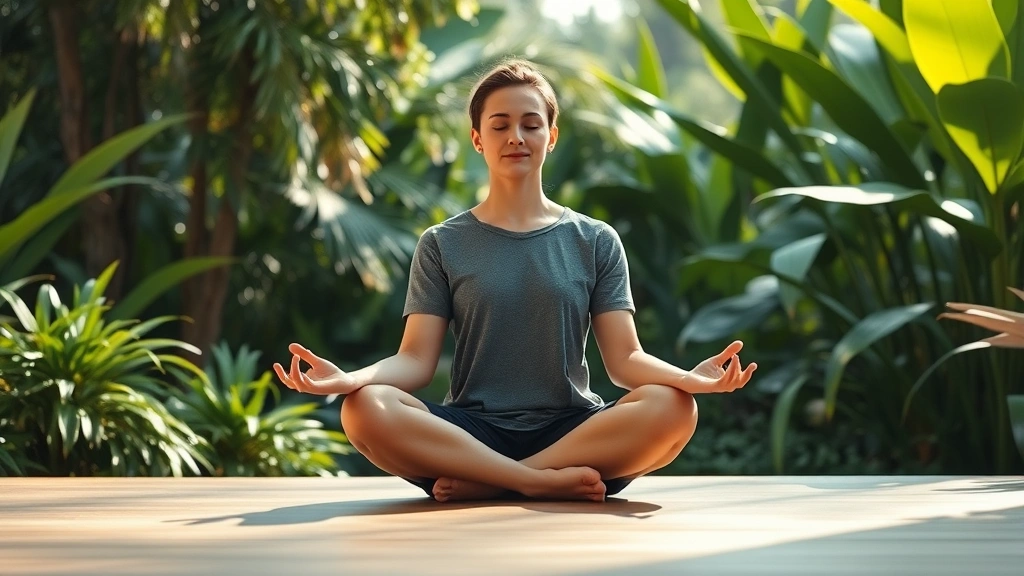 Person sitting in peaceful meditation pose with feet visible, soft natural lighting, serene expression, botanical background, photorealistic wellness imagery
