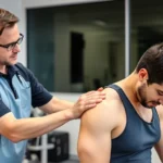 Professional physical therapist performing shoulder joint mobilization on male patient in clinical setting, hands-on manual therapy technique, modern rehabilitation clinic with equipment visible in background