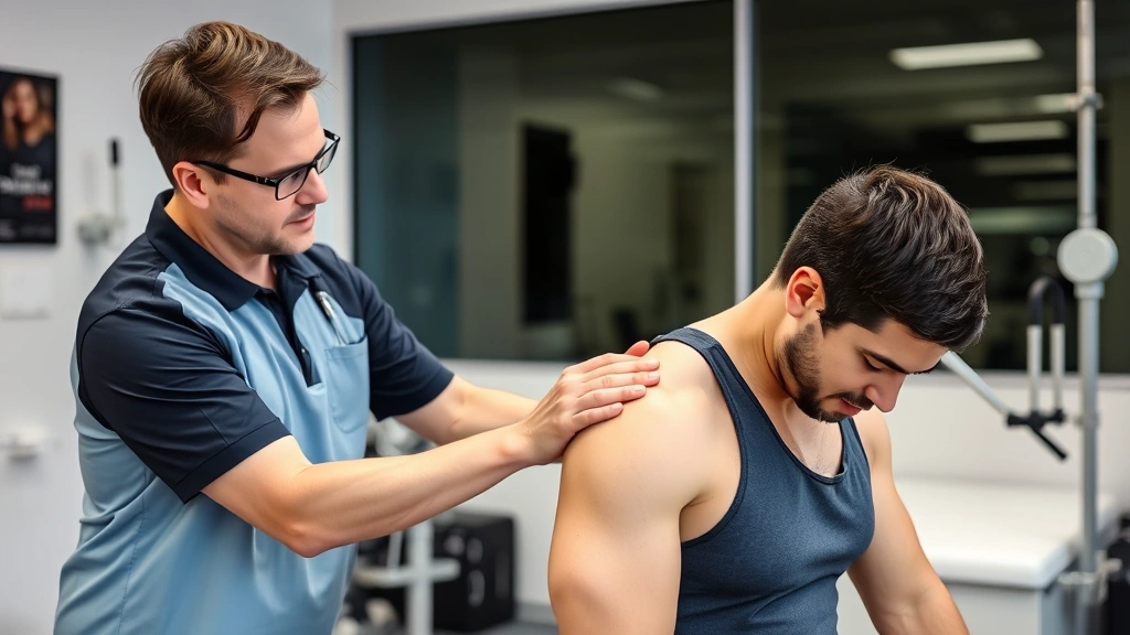 Professional physical therapist performing shoulder joint mobilization on male patient in clinical setting, hands-on manual therapy technique, modern rehabilitation clinic with equipment visible in background