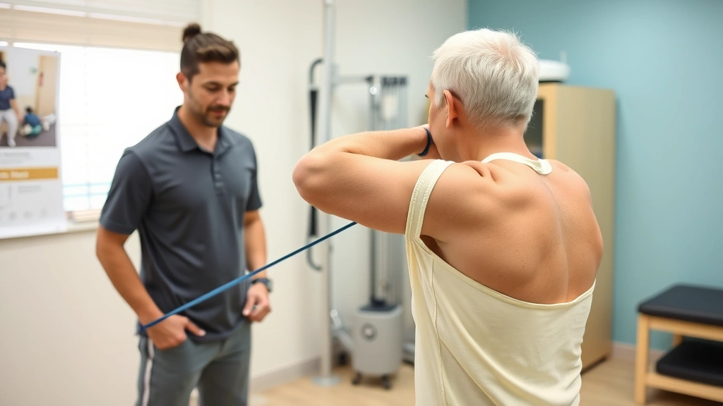 Patient performing rotator cuff strengthening exercise with resistance band in physical therapy clinic, controlled movement with proper form, therapist observing in background