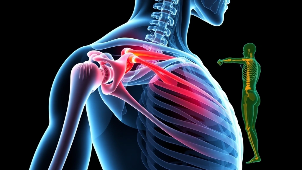 Anatomical visualization of shoulder joint showing rotator cuff muscles and scapula during functional movement, therapeutic exercise demonstration with proper biomechanics highlighted