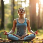 Person sitting in meditation pose in peaceful natural setting with soft sunlight, eyes closed in calm mindfulness practice, serene forest background with blurred trees