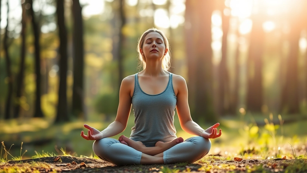 Person sitting in meditation pose in peaceful natural setting with soft sunlight, eyes closed in calm mindfulness practice, serene forest background with blurred trees