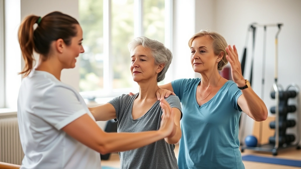 Physical therapist guiding patient through mindful movement exercise, patient in recovery with focused expression, therapeutic setting with natural lighting and exercise equipment visible