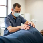 Professional physical therapist performing manual therapy on patient's shoulder in modern clinic with natural lighting, clean equipment visible in background, therapeutic setting