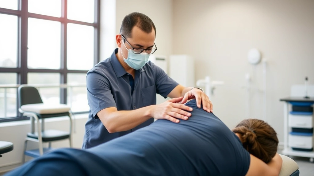 Professional physical therapist performing manual therapy on patient's shoulder in modern clinic with natural lighting, clean equipment visible in background, therapeutic setting