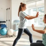Patient in bright physical therapy clinic performing mindful movement with therapist guidance, focusing on body awareness during exercise, natural lighting, calm professional environment