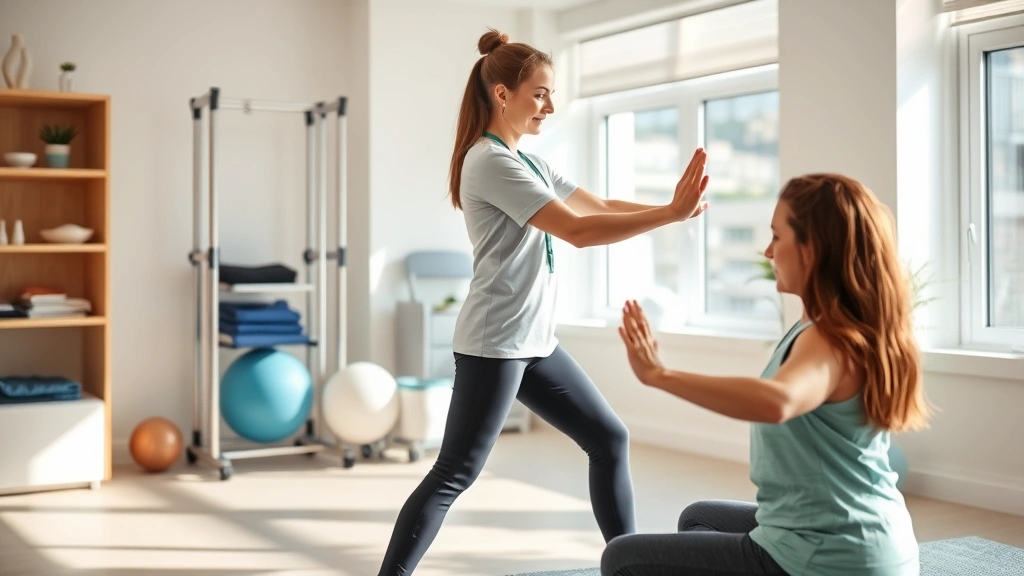 Patient in bright physical therapy clinic performing mindful movement with therapist guidance, focusing on body awareness during exercise, natural lighting, calm professional environment