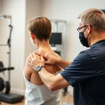 Professional physical therapist performing manual therapy on patient's shoulder, modern clinical setting with exercise equipment visible, natural lighting, realistic medical environment