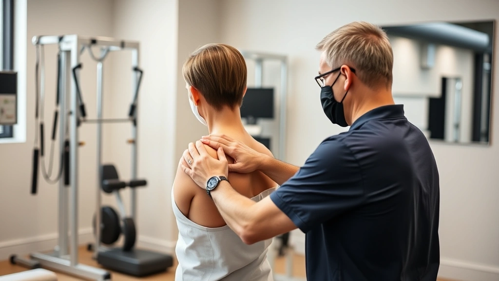 Professional physical therapist performing manual therapy on patient's shoulder, modern clinical setting with exercise equipment visible, natural lighting, realistic medical environment