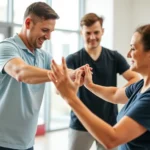 A physical therapist guiding a patient through controlled movement exercises in a bright, modern clinic with large windows, patient showing focused concentration and positive expression during therapeutic activity