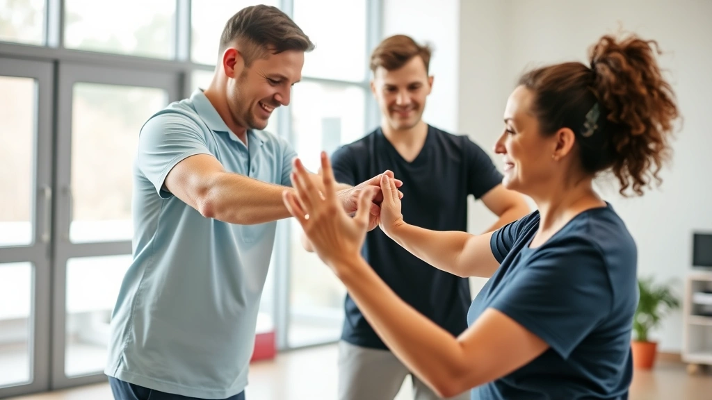 A physical therapist guiding a patient through controlled movement exercises in a bright, modern clinic with large windows, patient showing focused concentration and positive expression during therapeutic activity