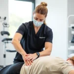 Professional physical therapist performing manual therapy on patient's shoulder in modern clinic setting with natural lighting and therapeutic equipment visible in background