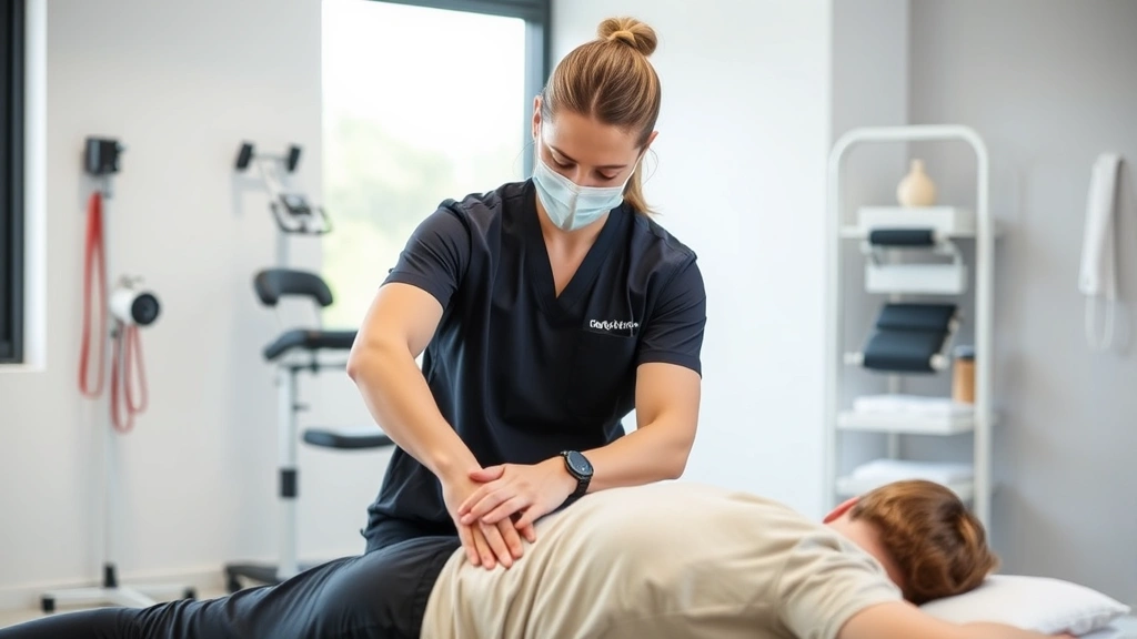 Professional physical therapist performing manual therapy on patient's shoulder in modern clinic setting with natural lighting and therapeutic equipment visible in background