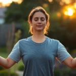Person in peaceful yoga pose at sunrise, serene expression, natural light, outdoor garden setting, demonstrating calm mental state and wellness