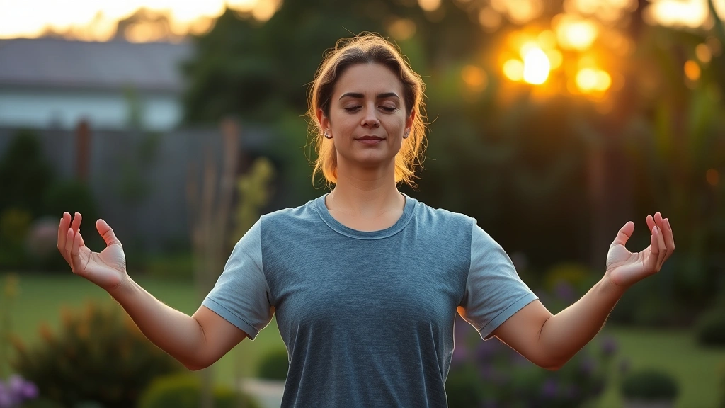 Person in peaceful yoga pose at sunrise, serene expression, natural light, outdoor garden setting, demonstrating calm mental state and wellness