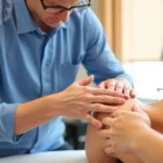 Professional physical therapist performing manual therapy on patient's shoulder, modern clinic setting with equipment visible, natural lighting, focused treatment