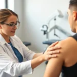 Licensed physical therapist performing manual therapy on patient's shoulder in modern clinical setting with natural lighting, therapeutic equipment visible in background