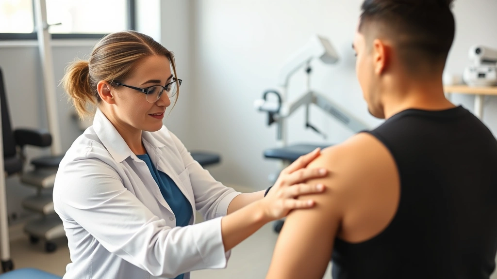 Licensed physical therapist performing manual therapy on patient's shoulder in modern clinical setting with natural lighting, therapeutic equipment visible in background