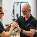 Licensed physical therapist performing manual therapy on patient's shoulder in modern clinic setting with exercise equipment visible in background