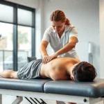 Physical therapist performing hands-on manual therapy treatment on patient's shoulder in modern clinic setting, professional healthcare environment, patient lying on therapy table