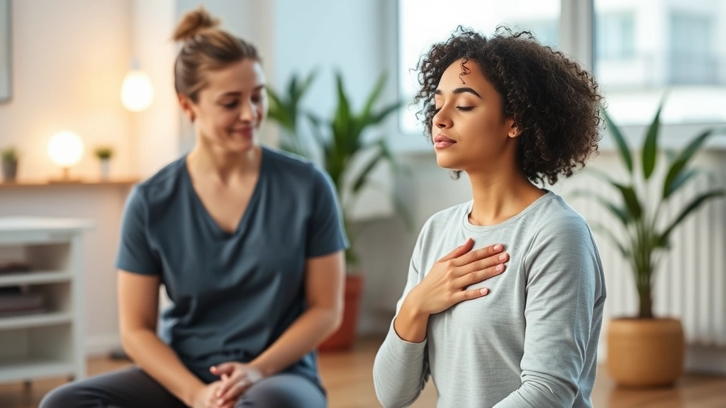 Physical therapist guiding patient through mindful body awareness exercise in modern bright clinic setting, patient sitting peacefully with eyes closed, hands on chest