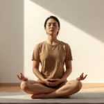 Serene meditation space with soft natural light, person sitting in peaceful posture with eyes gently closed, minimalist therapy room with plants, photorealistic calm atmosphere