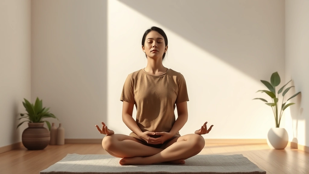 Serene meditation space with soft natural light, person sitting in peaceful posture with eyes gently closed, minimalist therapy room with plants, photorealistic calm atmosphere