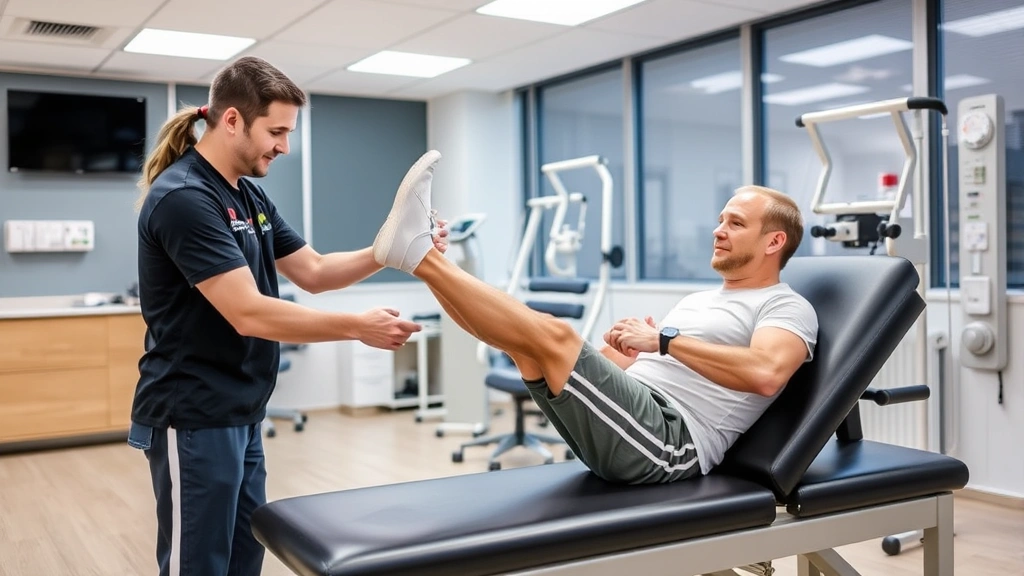 Physical therapist guiding patient through leg strengthening exercises on rehabilitation equipment in modern clinic setting with bright lighting and professional equipment visible