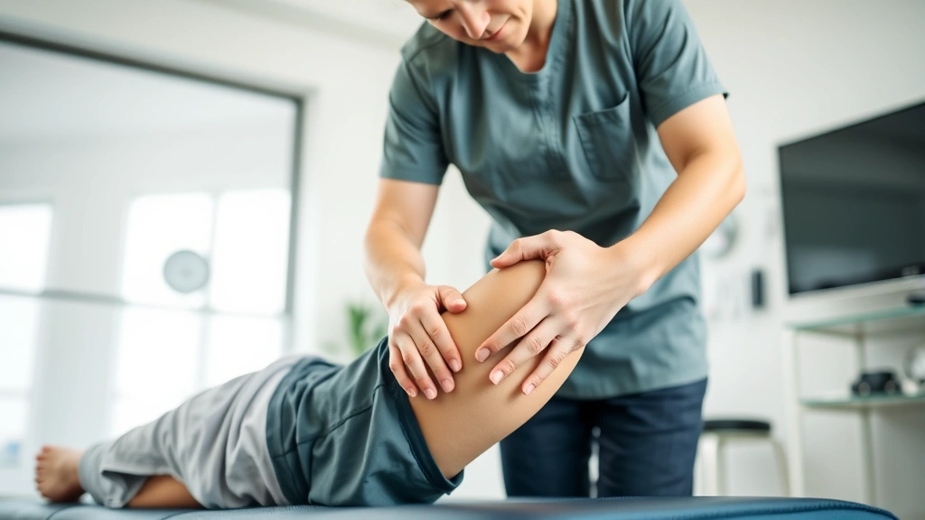 Licensed physical therapist performing hands-on manual therapy on patient's knee, bright clinical setting, professional medical environment, natural lighting
