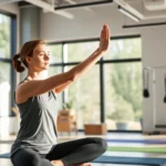Serene patient in modern physical therapy clinic performing mindful stretching exercise with calm focus, natural lighting through large windows, therapeutic environment with yoga mats and resistance equipment visible