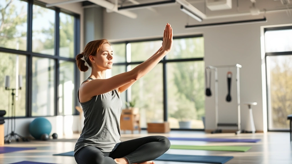 Serene patient in modern physical therapy clinic performing mindful stretching exercise with calm focus, natural lighting through large windows, therapeutic environment with yoga mats and resistance equipment visible