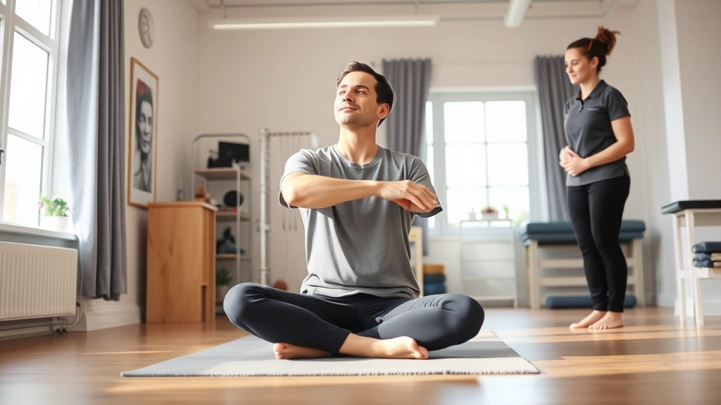 A patient in a bright physical therapy clinic performing a gentle stretching exercise while sitting cross-legged, eyes closed in peaceful concentration, with a physiotherapist observing nearby, natural window light streaming in