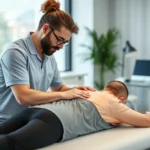 Licensed physical therapist performing hands-on manual therapy on patient's shoulder in modern clinic with natural lighting, professional medical setting, patient lying on treatment table
