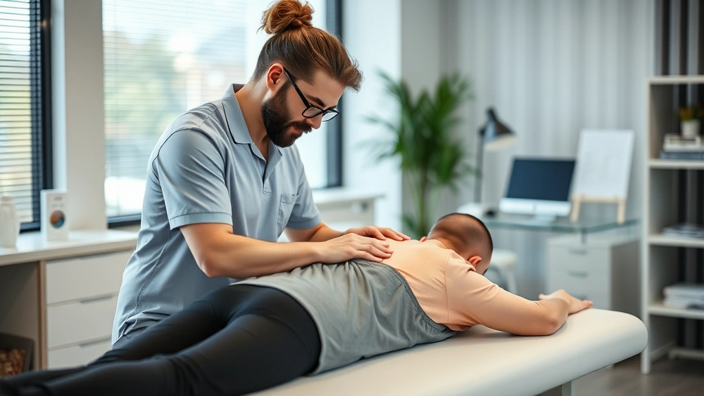 Licensed physical therapist performing hands-on manual therapy on patient's shoulder in modern clinic with natural lighting, professional medical setting, patient lying on treatment table