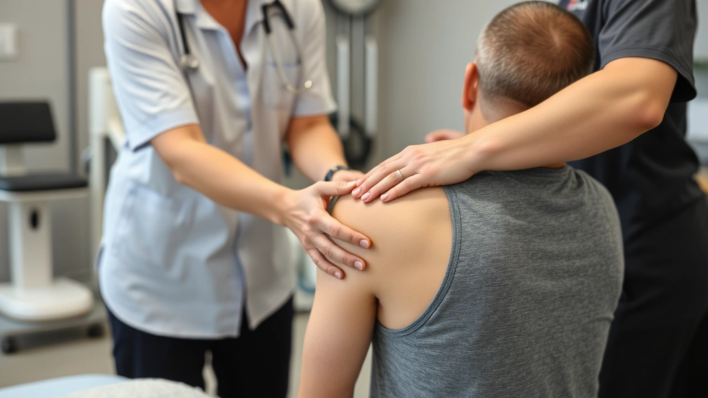 Physical therapist performing hands-on manual therapy and joint mobilization on patient's shoulder, clinical rehabilitation setting with modern equipment visible in background, professional healthcare environment