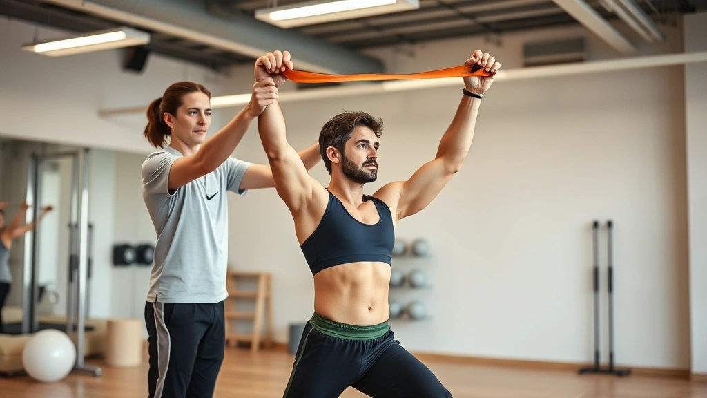 Athletic patient performing resistance band exercises under therapist supervision, contemporary rehabilitation clinic with neutral colors, focused on movement and proper form